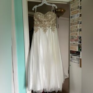 Ivory Tulle Strapless Gown with Gold Embellished Bodice